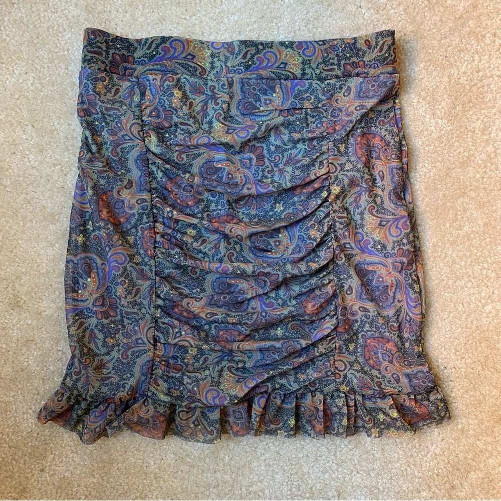 Free People Women’s “Romi” Mini Skirt Paisley Print Ruched Ruffle Hem SIZE XS